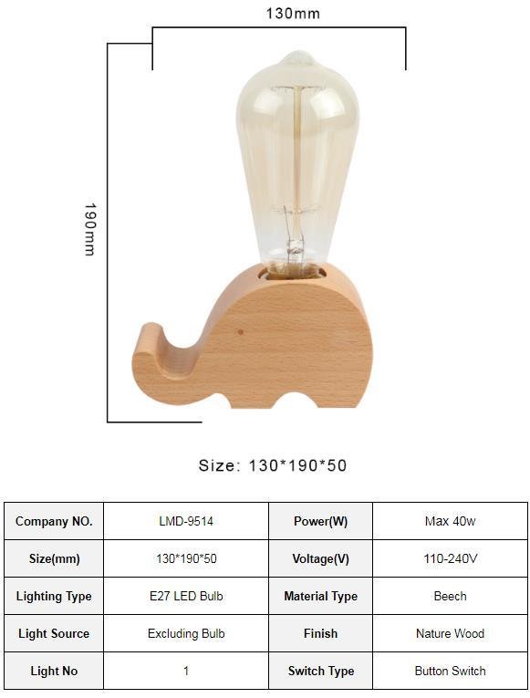 Natural wood base table lamp edison bulb light desk lamp with switch for home 4
