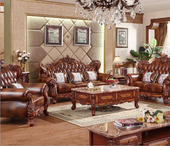 European leather sofa solid carved living room luxury villa luxury package Europ