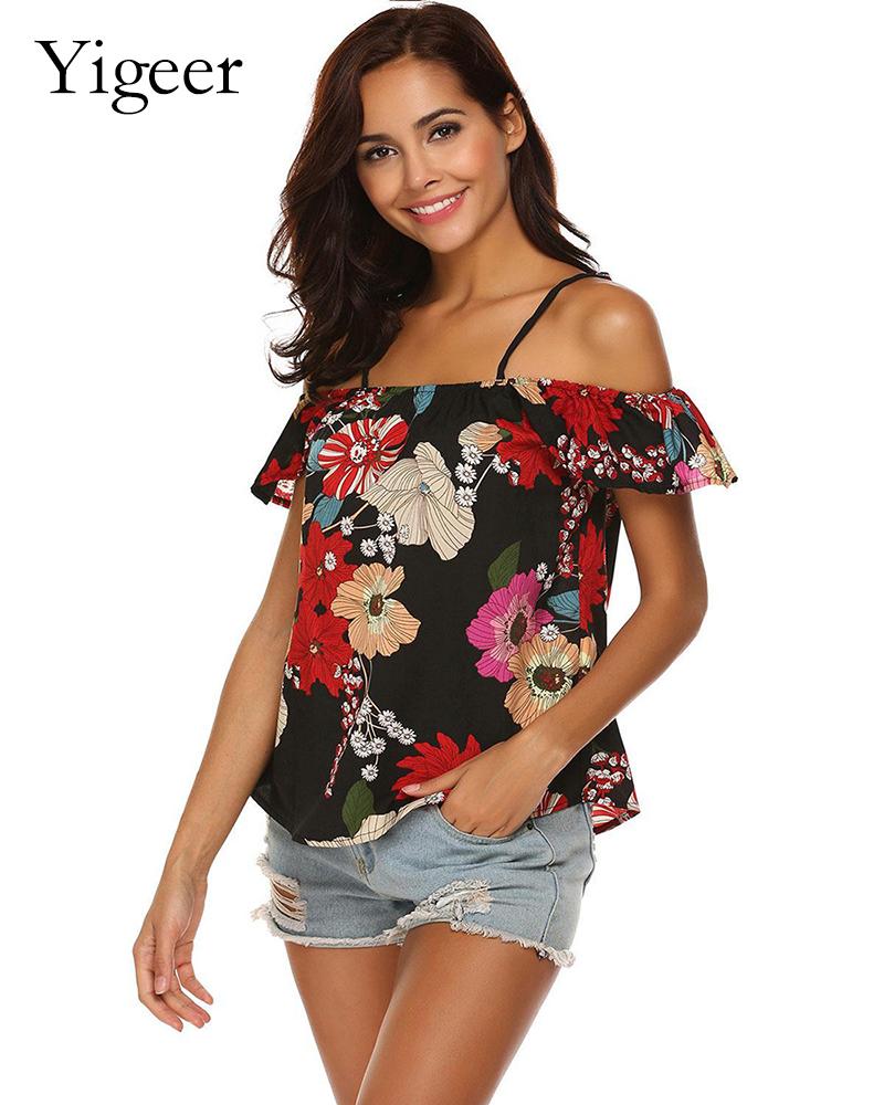 Spaghetti Strap Floral Printed Off Shoulder Blouse 2