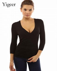 7/10 Sleeve Deep V-neck Wrap-Chest Stretch Top