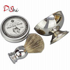 A stainless steel bowl for men's shaving brushes sold in bulk