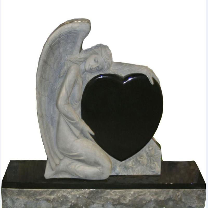Angel Holding Heart Headstone with Black Granite and White Marble