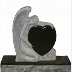 Angel Holding Heart Headstone with Black Granite and White Marble