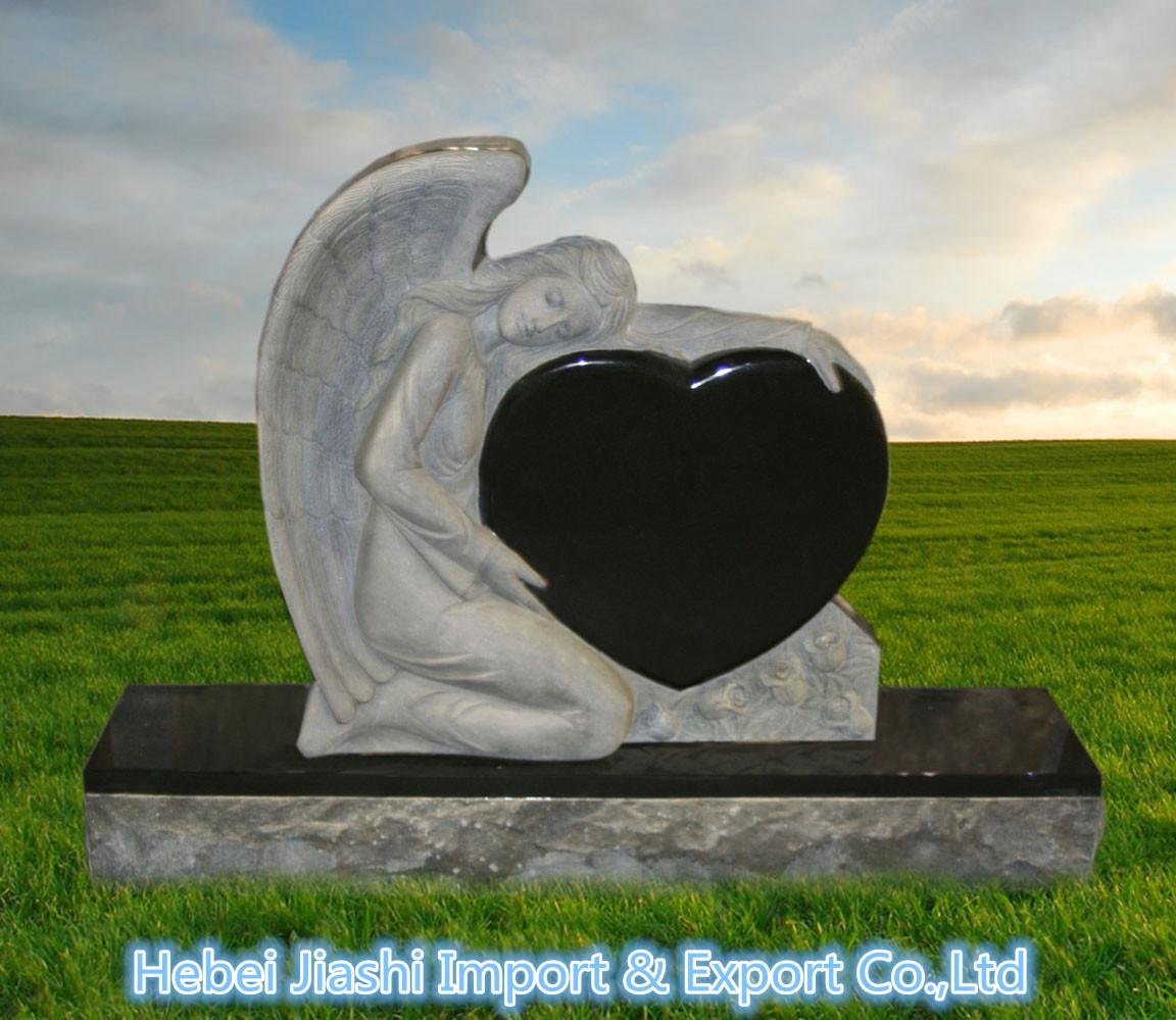 Angel Holding Heart Headstone with Black Granite and White Marble 3