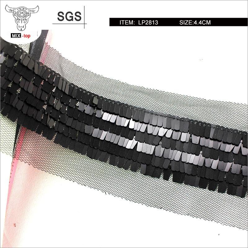 MIX-TOP-LP2813黑色方形吊片珠片带，亮片花边带，厂家直销