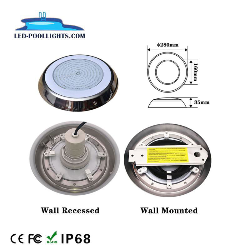 Wall recessed or wall mounted resin filled LED underwater swimming pool light