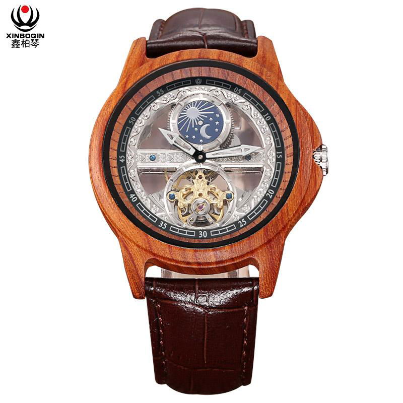 XINBOQIN New Moon Phase Waterproof Men's Automatic Mechanical Wooden Watch
