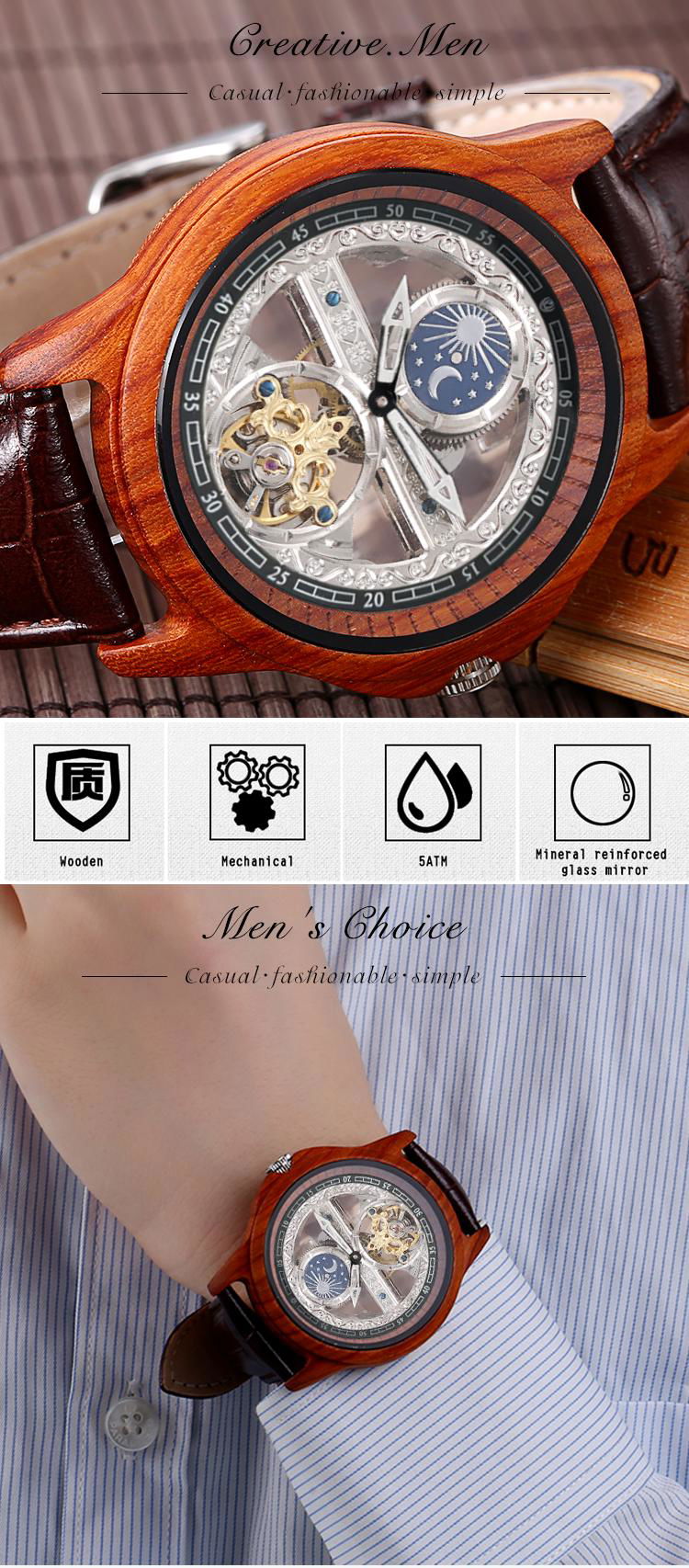 XINBOQIN New Moon Phase Waterproof Men's Automatic Mechanical Wooden Watch 2