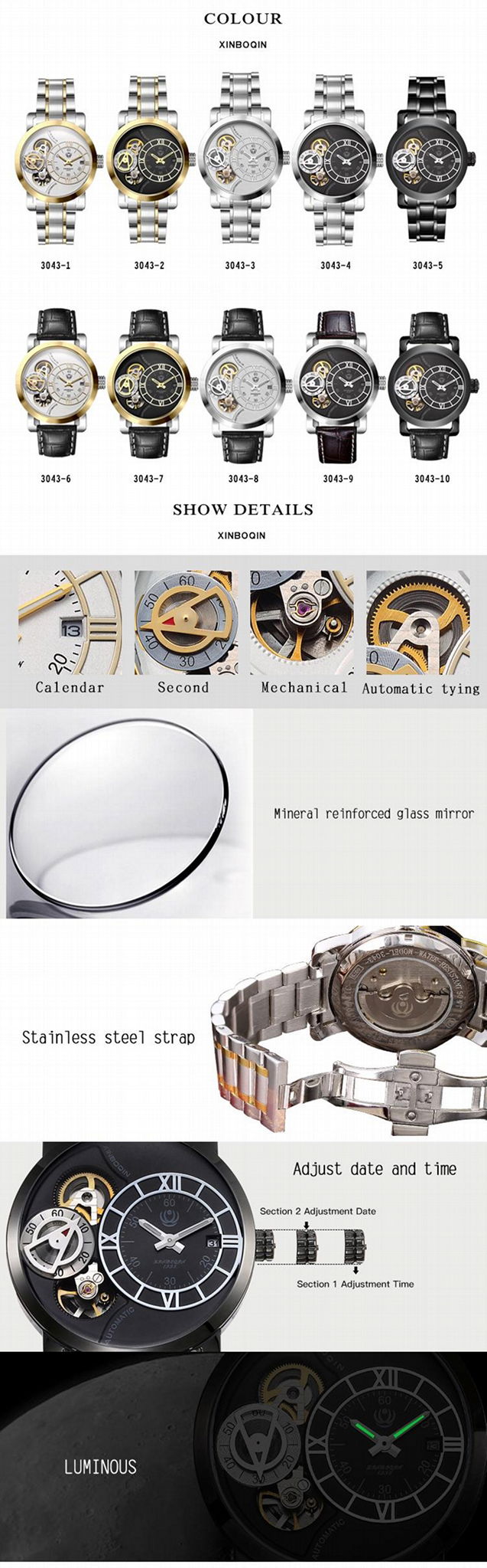 XINBOQIN Wholesale Two Movement Stainless Steel Water Proof Men's Watches 4