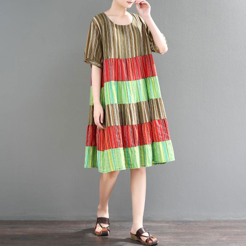Women Casual Cotton Linen A Line Contrast Stripes Dress Splice Pullover ...