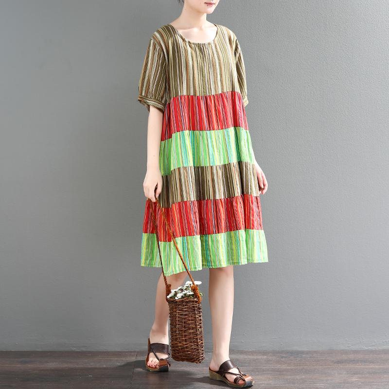Women Casual Cotton Linen A Line Contrast Stripes Dress Splice Pullover