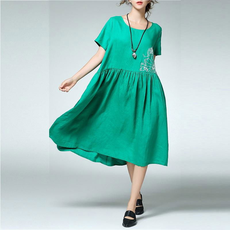  Women Casual Loose Cotton Linen Embroidery Pleats Dress Round Neck Cotton Linen 2