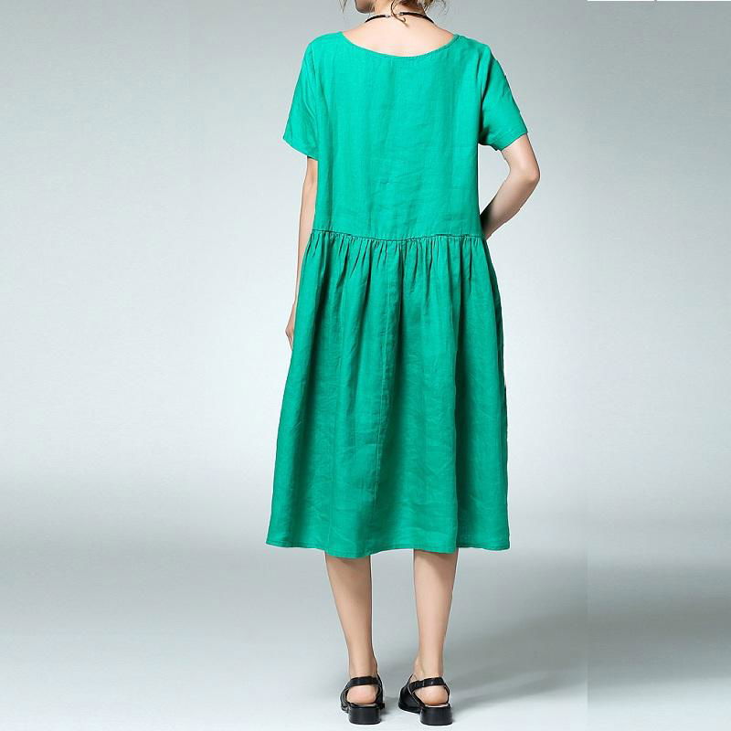 Women Casual Loose Cotton Linen Embroidery Pleats Dress Round Neck ...