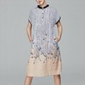 Women Cotton Linen Stripe Pullover Stand collar Print Pocket Dress 1