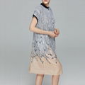 Women Cotton Linen Stripe Pullover Stand collar Print Pocket Dress