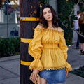 Cotton Lace Blouse Yellow Tank Off Shoulder Lantern Sleeve