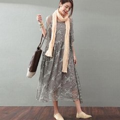 Lacing Women Silk Loose Casual Embroidery Dress