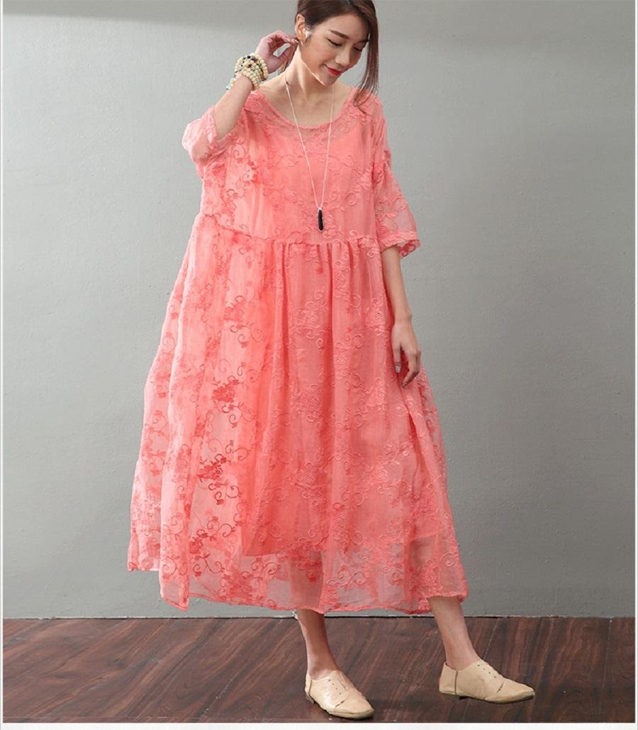 Lacing Women Silk Loose Casual Embroidery Dress 2