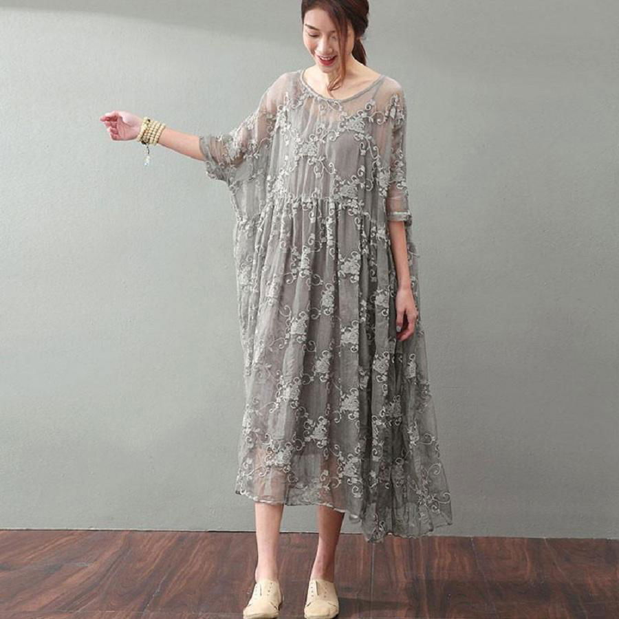 Lacing Women Silk Loose Casual Embroidery Dress 5