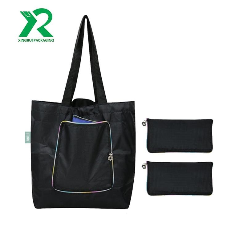 Promotional reusable polyester tote shoulder bag foldable grocery shopping bag