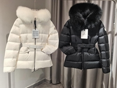 Mon* Short new belted fur trimmed hooded jacket Jacket Down jacket Women's black