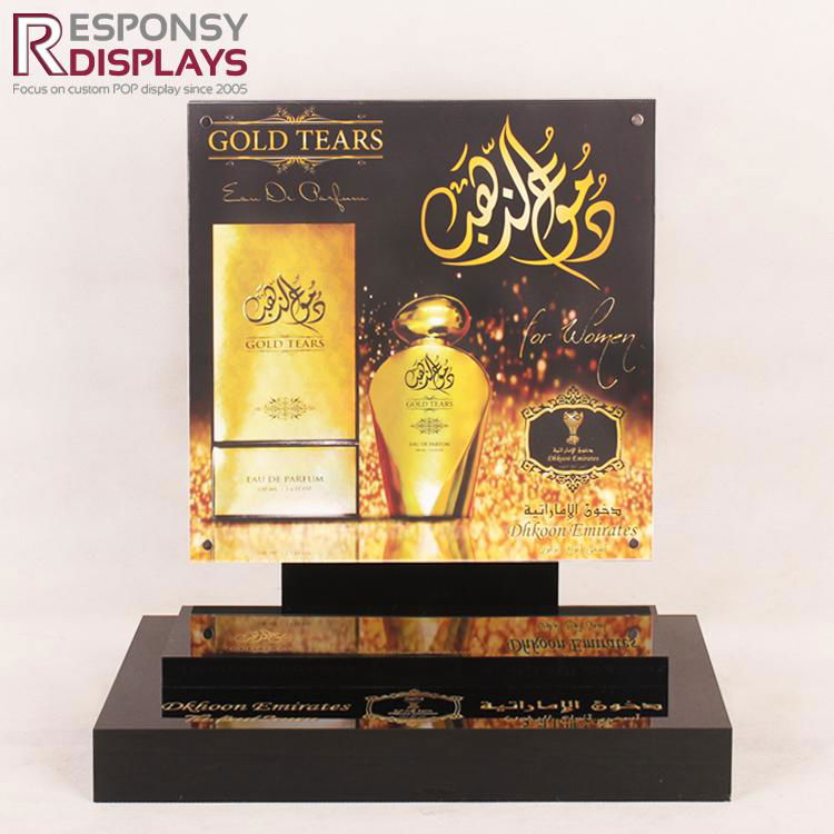  Customized Beautiful Counter Top Black Acrylic Perfume Display Stand with Golde 3