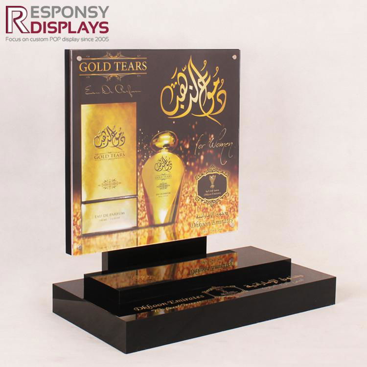  Customized Beautiful Counter Top Black Acrylic Perfume Display Stand with Golde 2