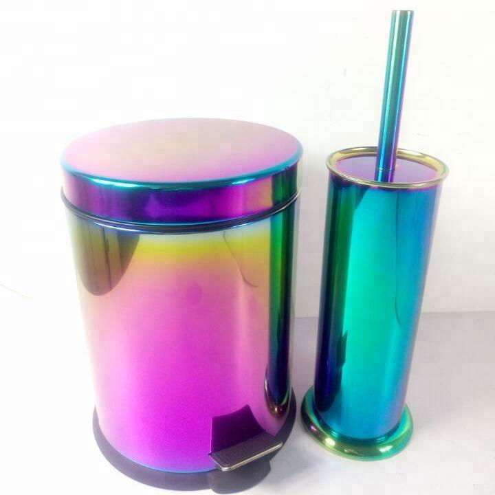 Color Electroplating Mirror Trash Bin And Toilet Brush Set 2