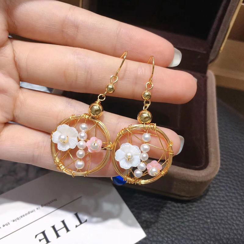 14K Gold fill hand knitting natural freshwater pearl shell flower hoop earrings 5