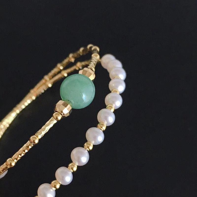 High quality 14k gold filled jade double-deck elastic freshwater pearl bracelet