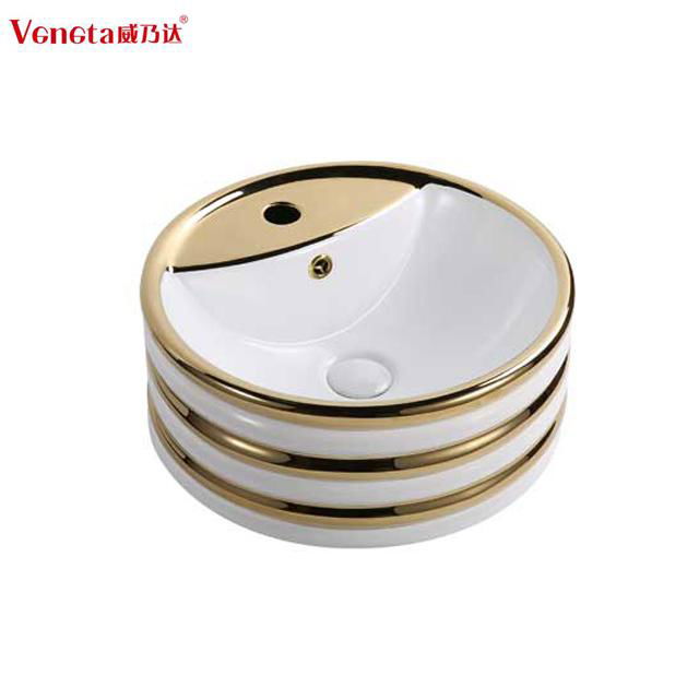 Factory supply bathroom basin round deep golden decorative artistic ceramic sink