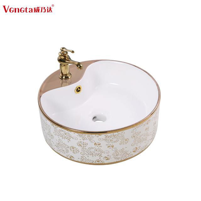 Factory supply bathroom basin round deep golden decorative artistic ceramic sink 3