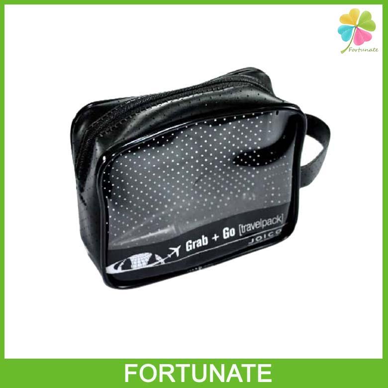 BLACK VINYL PVC TRAVEL PACK ZIPPER COSMETIC BAG FOR AIRLINES