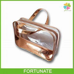 GOLD VINYL PVC TRAVEL COSMETIC PACKAGING BAG WITH ZIPPER AND HANDLE