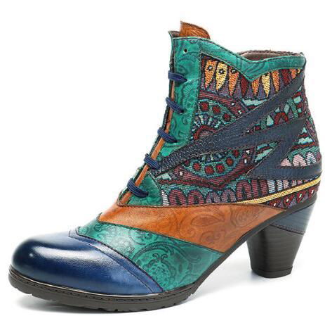 SOCOFY Bohemian Splicing Pattern Block Zipper Ankle Leather Boots Shoe ...