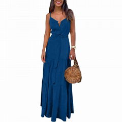 European and American V-neck splicing Sling Dress