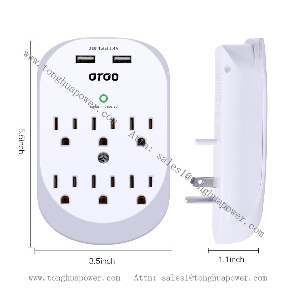 6 Outlets Surge Protector 2 USB Charging port 5 V 2.4 A ETL Certified Wall Tap W 2