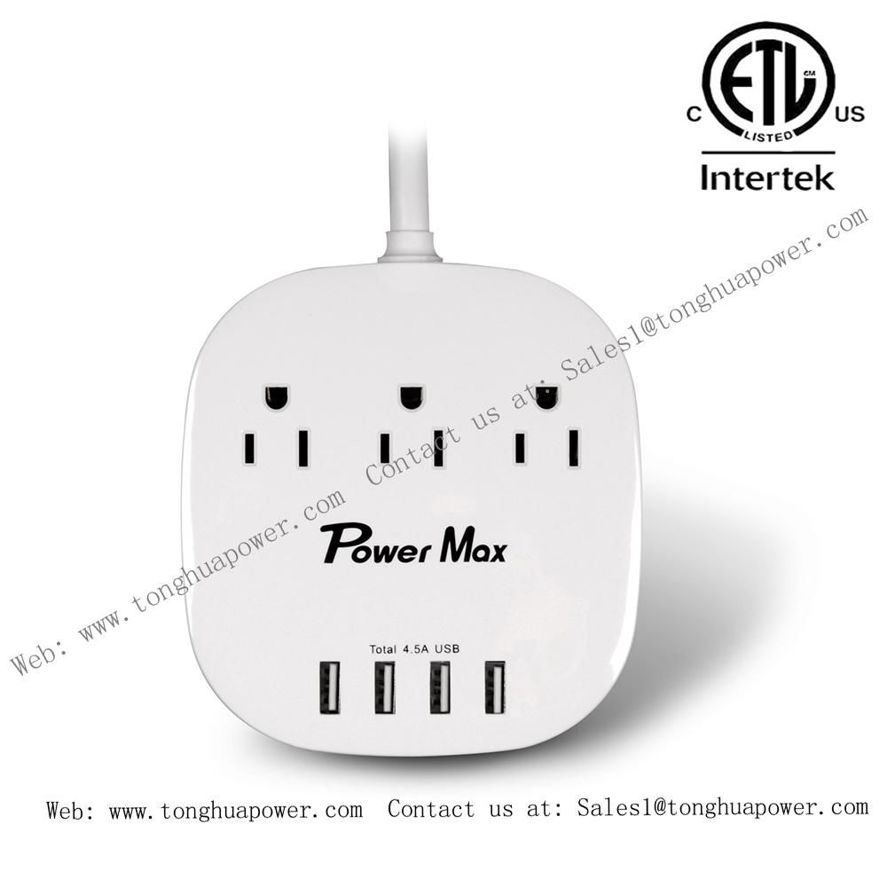 3 Outlets with 4 USB Charging port 5V 4.5A Power strip ETL Certified