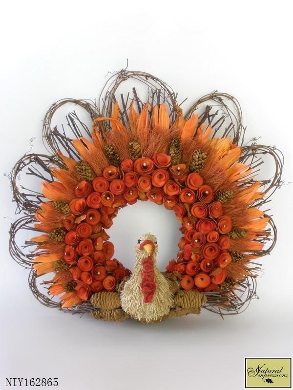 Orange Wood curl and rattan Turkey Wreath decoration
