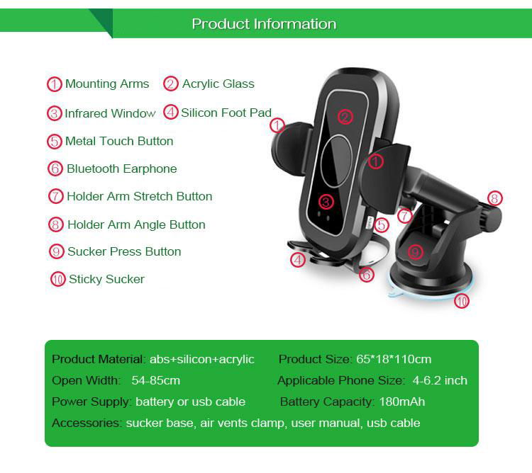 2019 New Infrared Touch Button Car Phone Holder With Battery Bluetooth Earphone 2