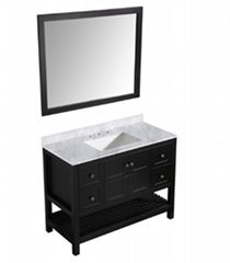 48'' black bathroom vanity with white marble top and mirror