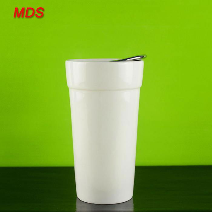 Creative gift white double wall porcelain cup with lid suit 4