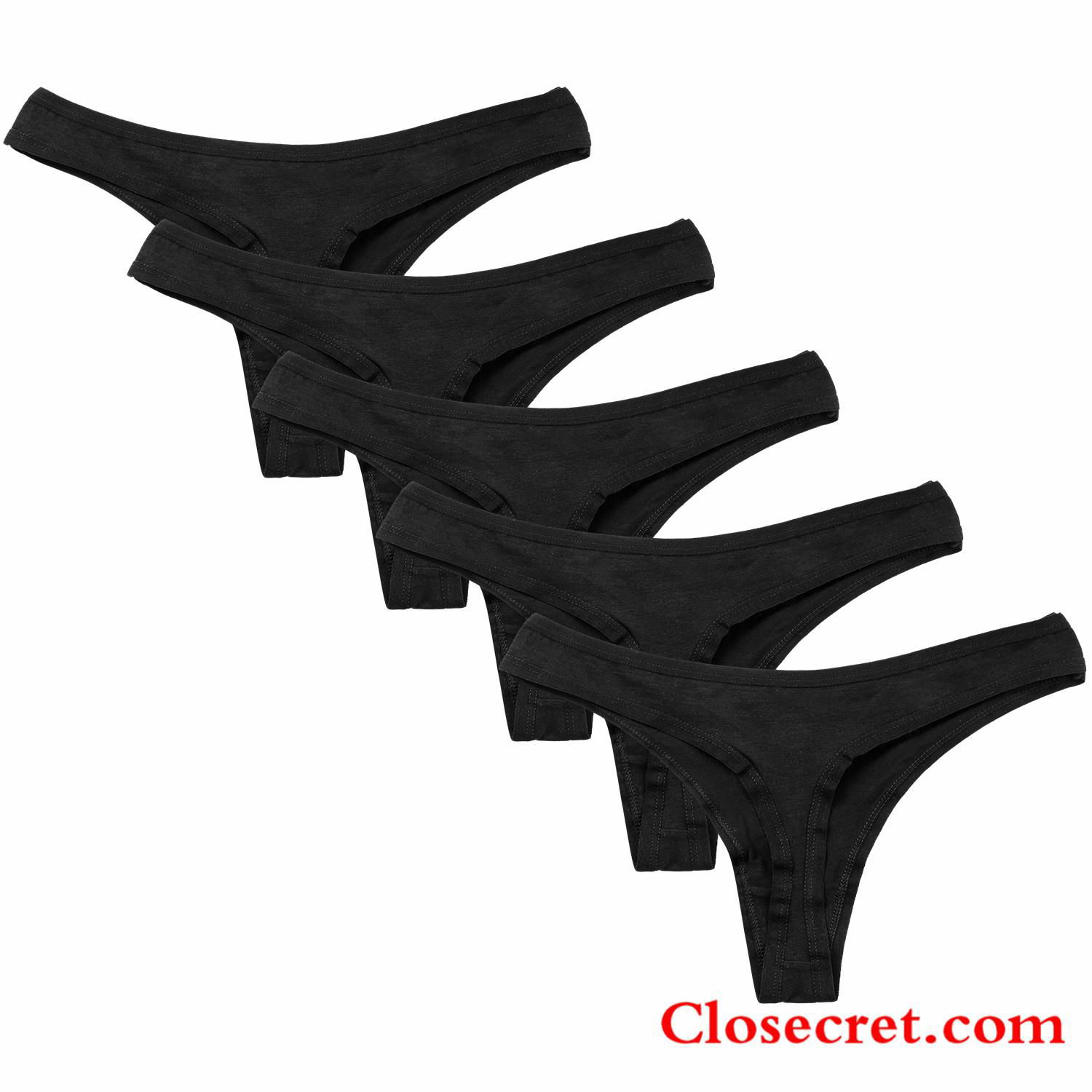 Closecret Women’s Black Panties Cotton Thongs Pack of 5pcs G-strings