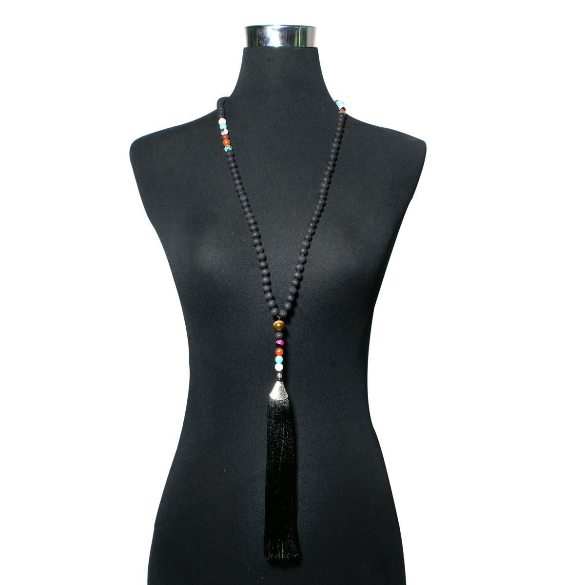 Black Long Tassel Drop Lava Stones Boho Free People Fashion Handmade Necklaces 4