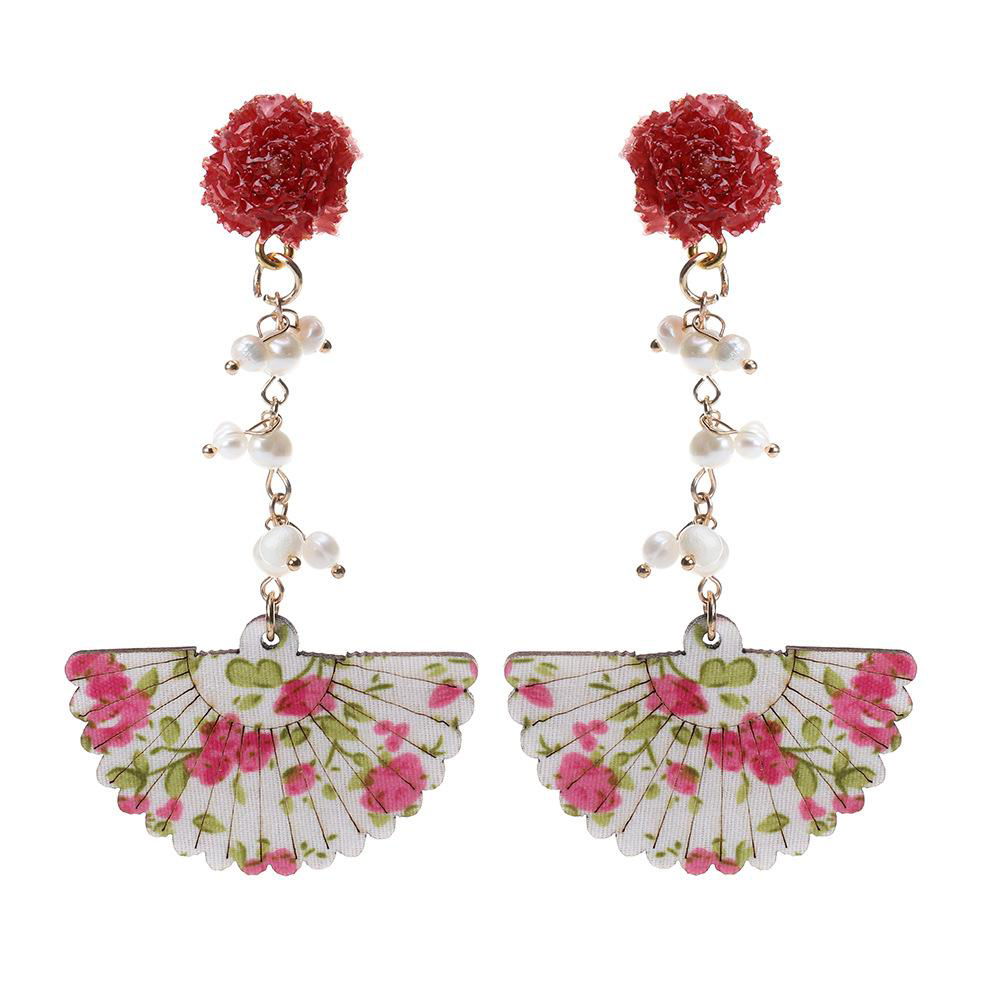 Ladies Fashion Boutique Flower Freshwater Pearl&Fan Drop Ear Stud Earrings