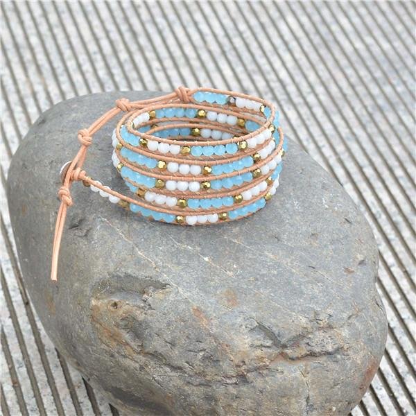Multi-layer Fashion Jewelry Crystal Beads Genuine Leather Steel Wrap Bracelets