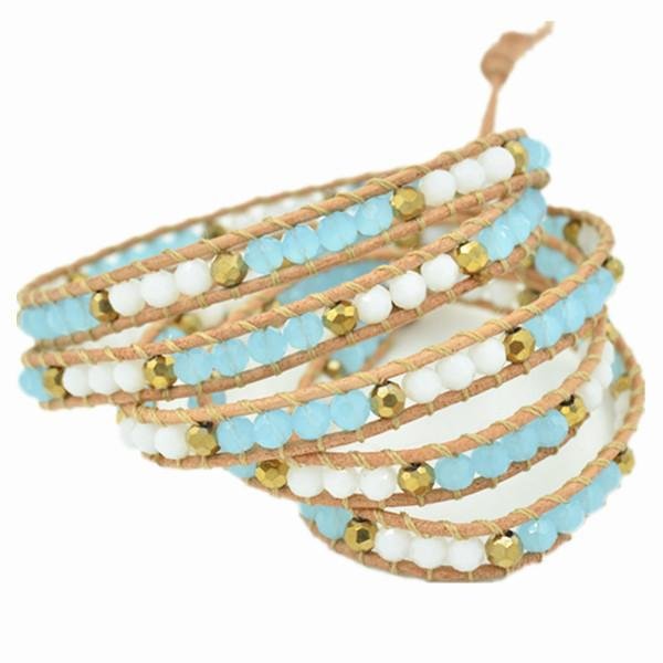 Multi-layer Fashion Jewelry Crystal Beads Genuine Leather Steel Wrap Bracelets 2