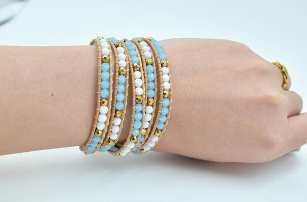 Multi-layer Fashion Jewelry Crystal Beads Genuine Leather Steel Wrap Bracelets 4