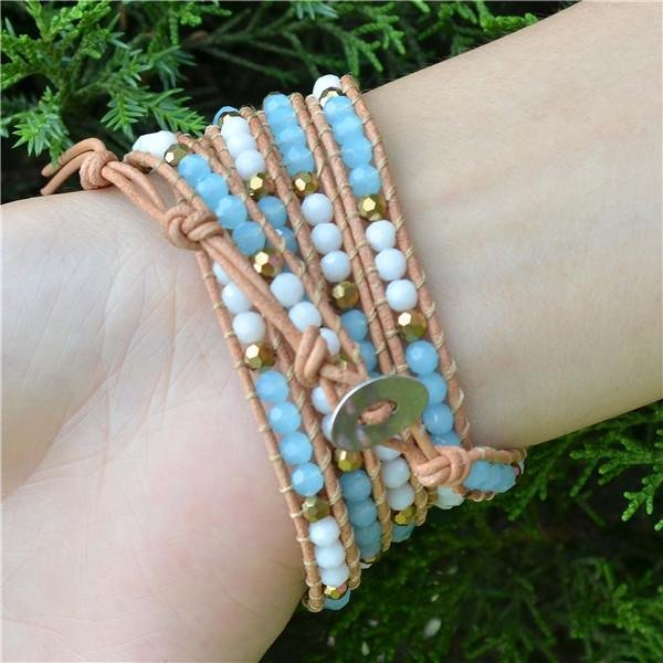 Multi-layer Fashion Jewelry Crystal Beads Genuine Leather Steel Wrap Bracelets 5