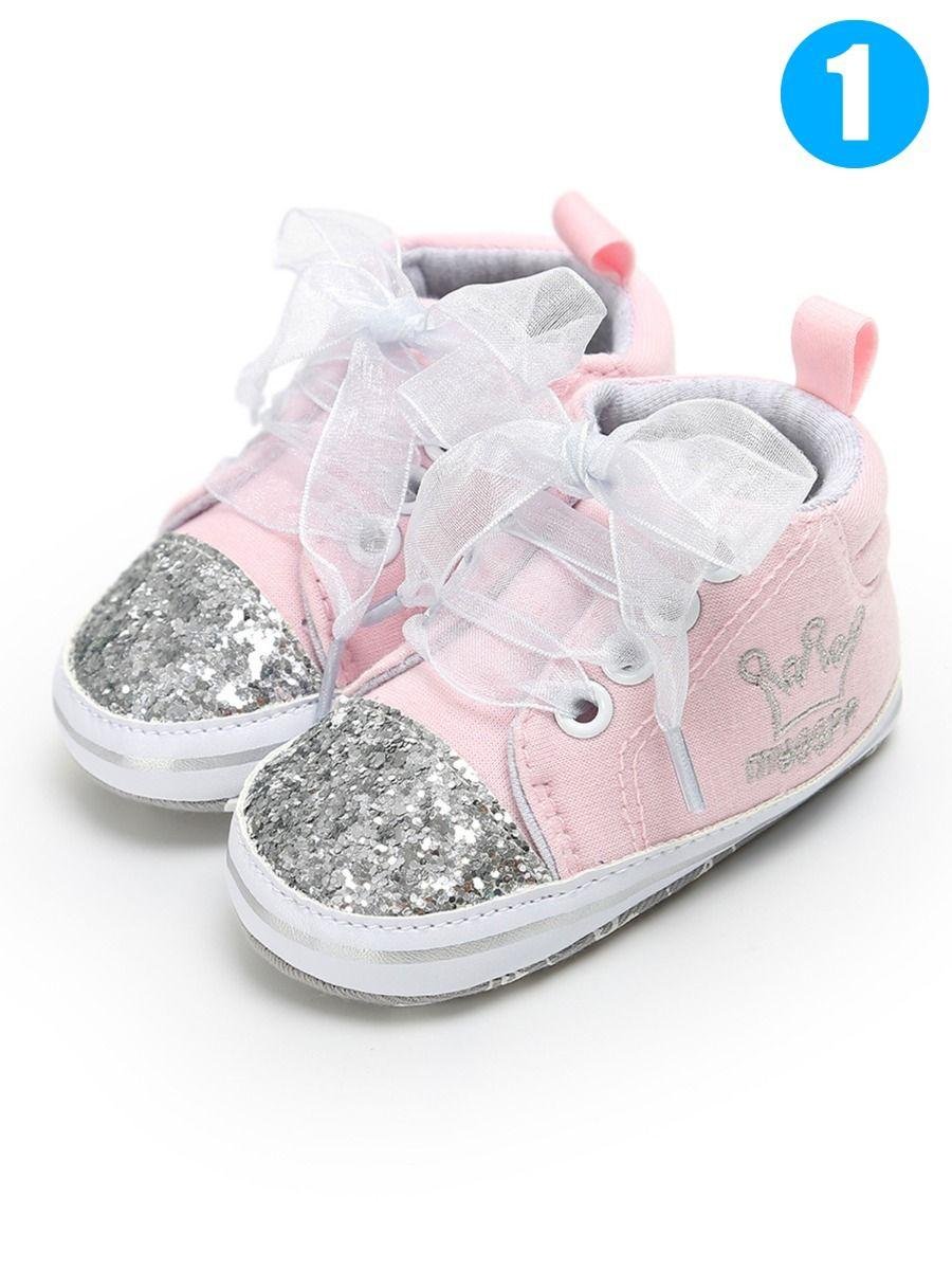 Sequin Crown Embroidery Lace-up Baby Girls Princess First Start Crib Shoes 2